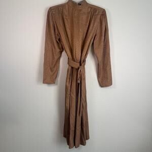 Rare Vintage 1970s Vintage LANVIN Midi Dress Size 10 Brown Copper Floral Belted